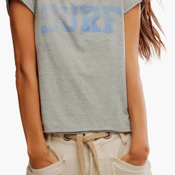 Tops - Free People We The Free NWT ($48) grey t-shirt features a blue "SURF"